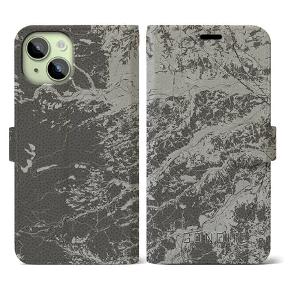 【五戸（青森県）】地図柄iPhoneケース（手帳タイプ）モノトーン・iPhone 15 用