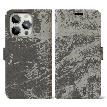 【五戸（青森県）】地図柄iPhoneケース（手帳タイプ）モノトーン・iPhone 15 Pro 用