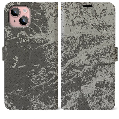 【五戸（青森県）】地図柄iPhoneケース（手帳タイプ）モノトーン・iPhone 15 Plus 用