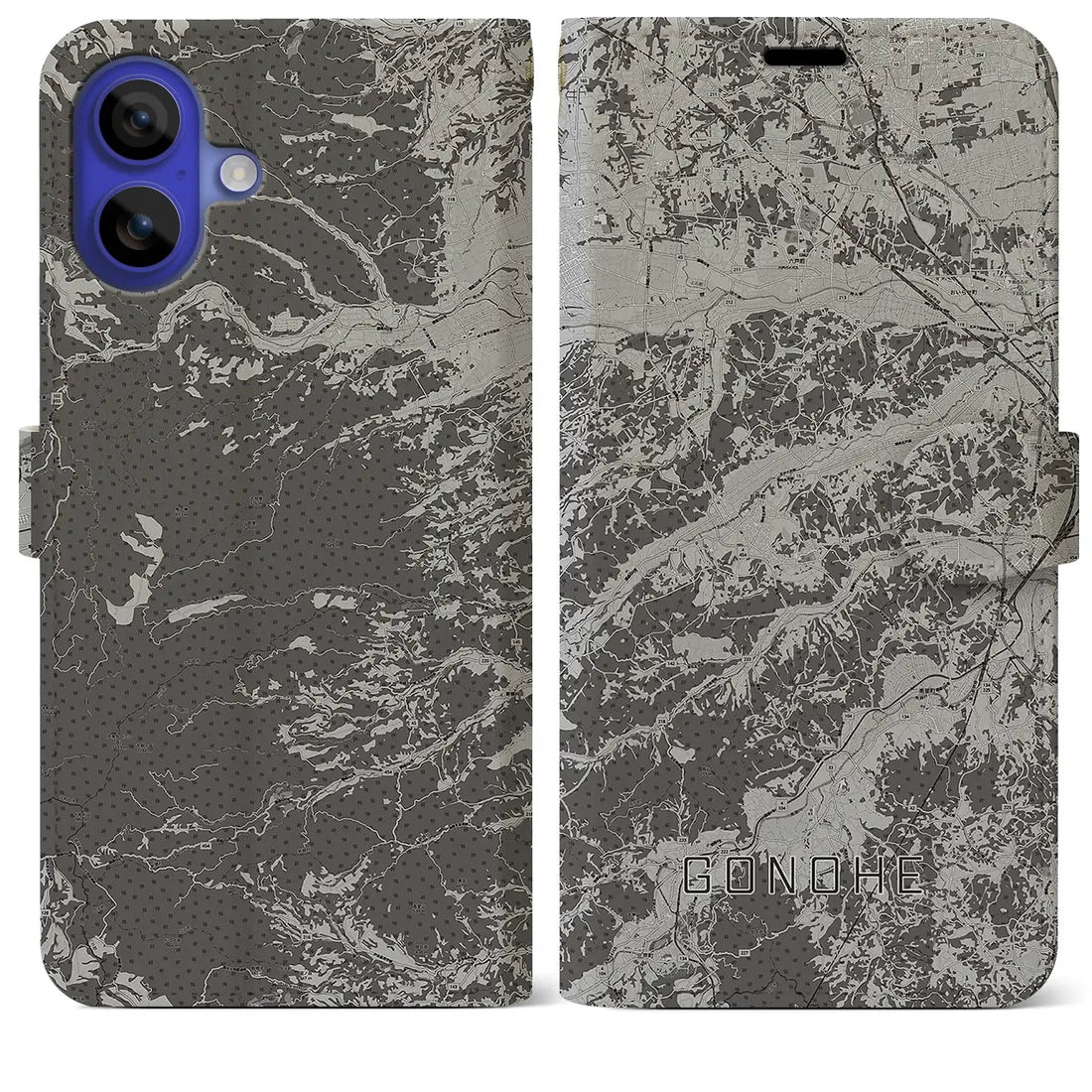 【五戸(青森県)】地図柄iPhoneケース(手帳タイプ)モノトーン・iPhone 16 Pro Max 用