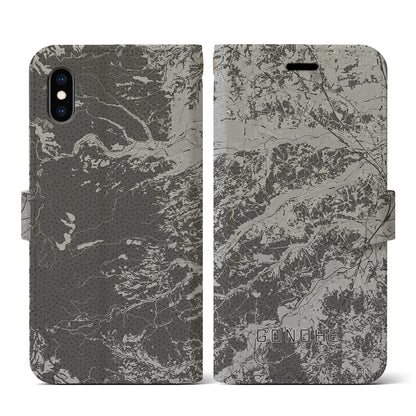 【五戸（青森県）】地図柄iPhoneケース（手帳タイプ）モノトーン・iPhone XS / X 用