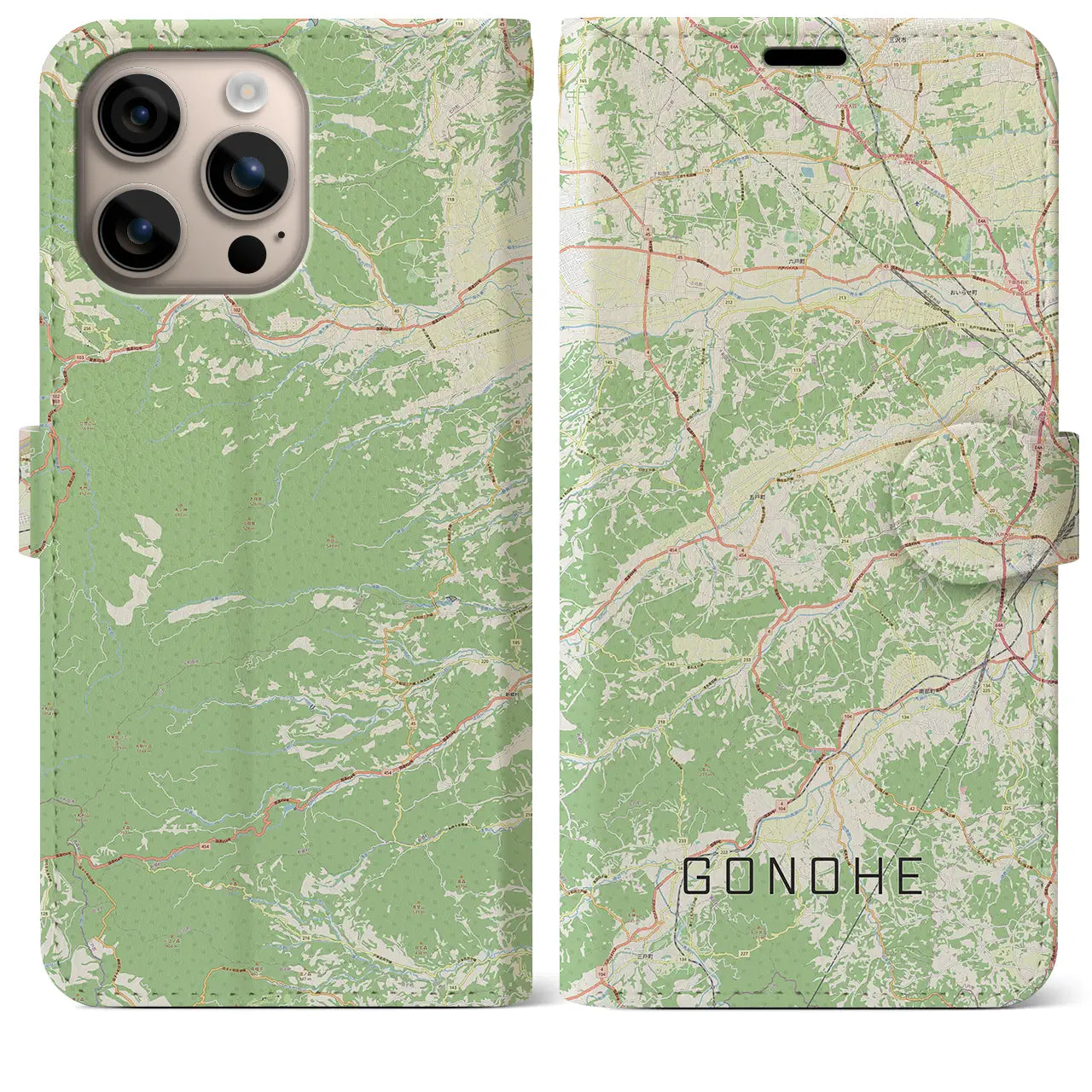 【五戸（青森県）】地図柄iPhoneケース（手帳タイプ）ナチュラル・iPhone 16 Plus 用