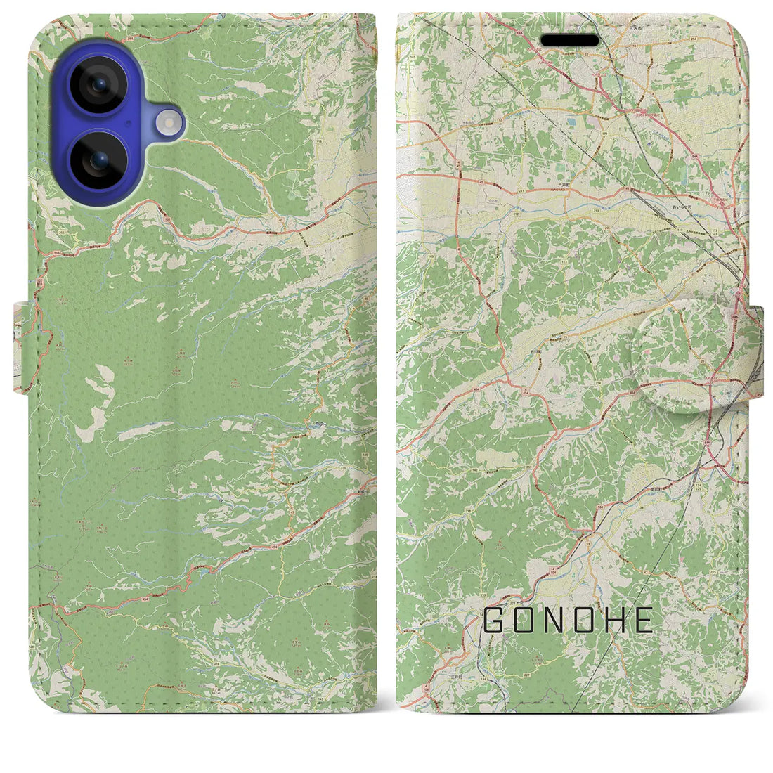 【五戸（青森県）】地図柄iPhoneケース（手帳タイプ）ナチュラル・iPhone 16 Pro Max 用