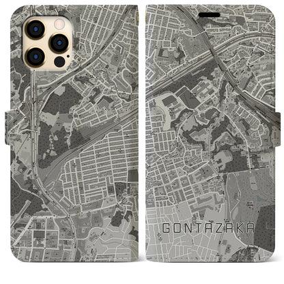 【権太坂（神奈川県）】地図柄iPhoneケース（手帳タイプ）モノトーン・iPhone 12 Pro Max 用