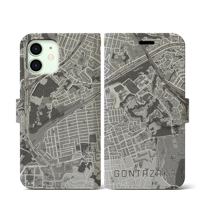 【権太坂（神奈川県）】地図柄iPhoneケース（手帳タイプ）モノトーン・iPhone 12 mini 用