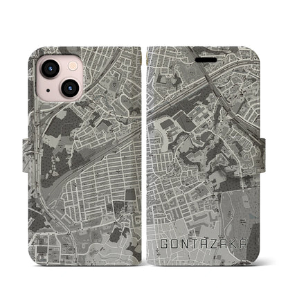 【権太坂（神奈川県）】地図柄iPhoneケース（手帳タイプ）モノトーン・iPhone 13 mini 用