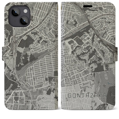 【権太坂（神奈川県）】地図柄iPhoneケース（手帳タイプ）モノトーン・iPhone 14 Plus 用