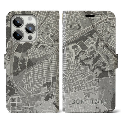 【権太坂（神奈川県）】地図柄iPhoneケース（手帳タイプ）モノトーン・iPhone 15 Pro 用