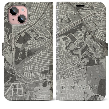 【権太坂（神奈川県）】地図柄iPhoneケース（手帳タイプ）モノトーン・iPhone 15 Plus 用