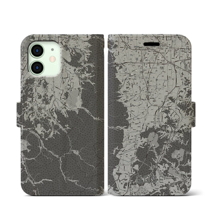 【御所（奈良県）】地図柄iPhoneケース（手帳タイプ）モノトーン・iPhone 12 mini 用