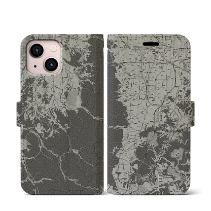 【御所（奈良県）】地図柄iPhoneケース（手帳タイプ）モノトーン・iPhone 13 mini 用