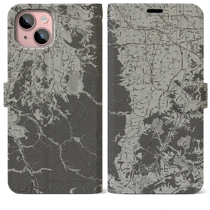 【御所（奈良県）】地図柄iPhoneケース（手帳タイプ）モノトーン・iPhone 15 Plus 用