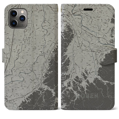 【五泉（新潟県）】地図柄iPhoneケース（手帳タイプ）モノトーン・iPhone 11 Pro Max 用