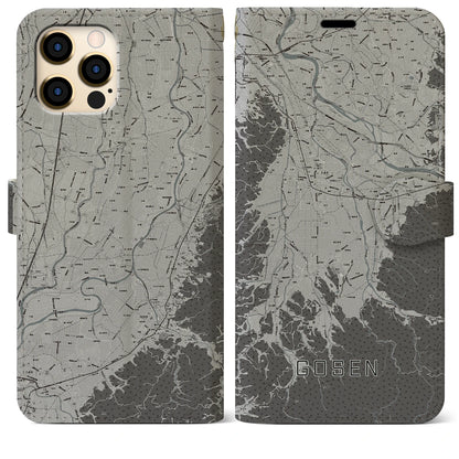 【五泉（新潟県）】地図柄iPhoneケース（手帳タイプ）モノトーン・iPhone 12 Pro Max 用