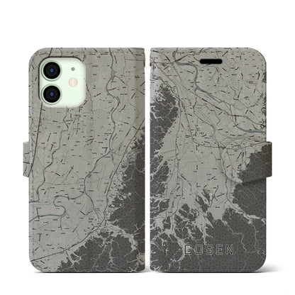 【五泉（新潟県）】地図柄iPhoneケース（手帳タイプ）モノトーン・iPhone 12 mini 用