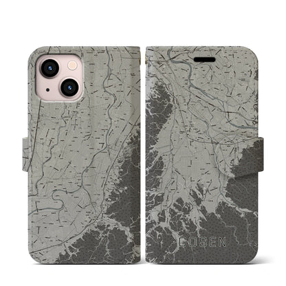 【五泉（新潟県）】地図柄iPhoneケース（手帳タイプ）モノトーン・iPhone 13 mini 用