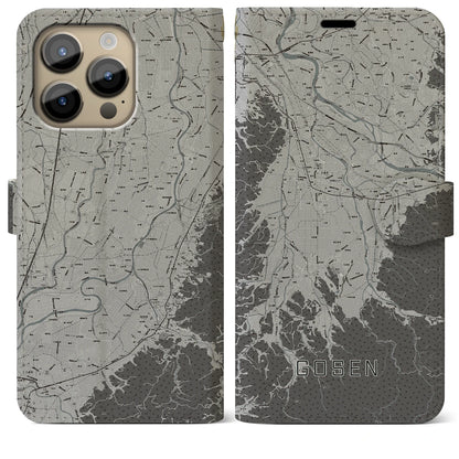 【五泉（新潟県）】地図柄iPhoneケース（手帳タイプ）モノトーン・iPhone 14 Pro Max 用