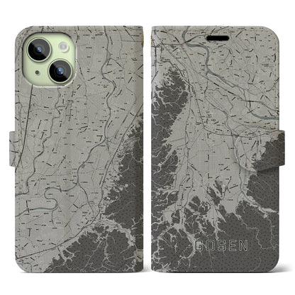 【五泉（新潟県）】地図柄iPhoneケース（手帳タイプ）モノトーン・iPhone 15 用