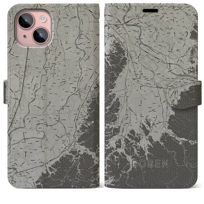 【五泉（新潟県）】地図柄iPhoneケース（手帳タイプ）モノトーン・iPhone 15 Plus 用