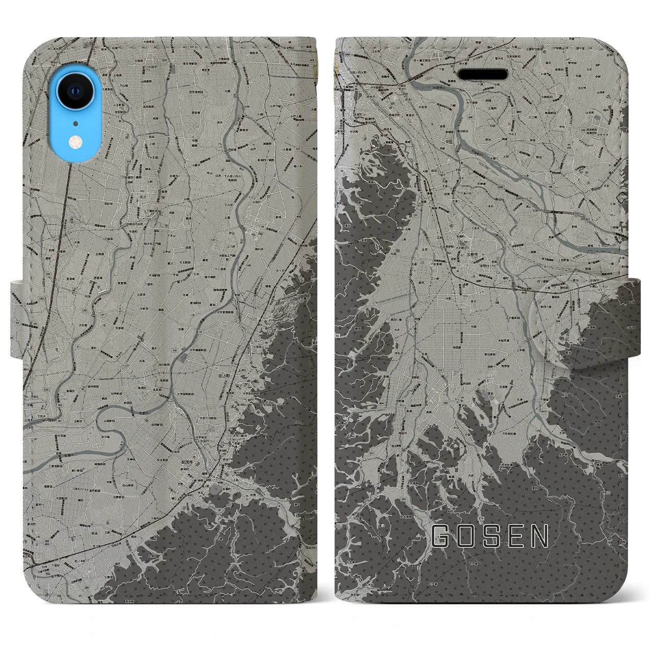 【五泉】地図柄iPhoneケース（手帳両面タイプ・モノトーン）iPhone XR 用