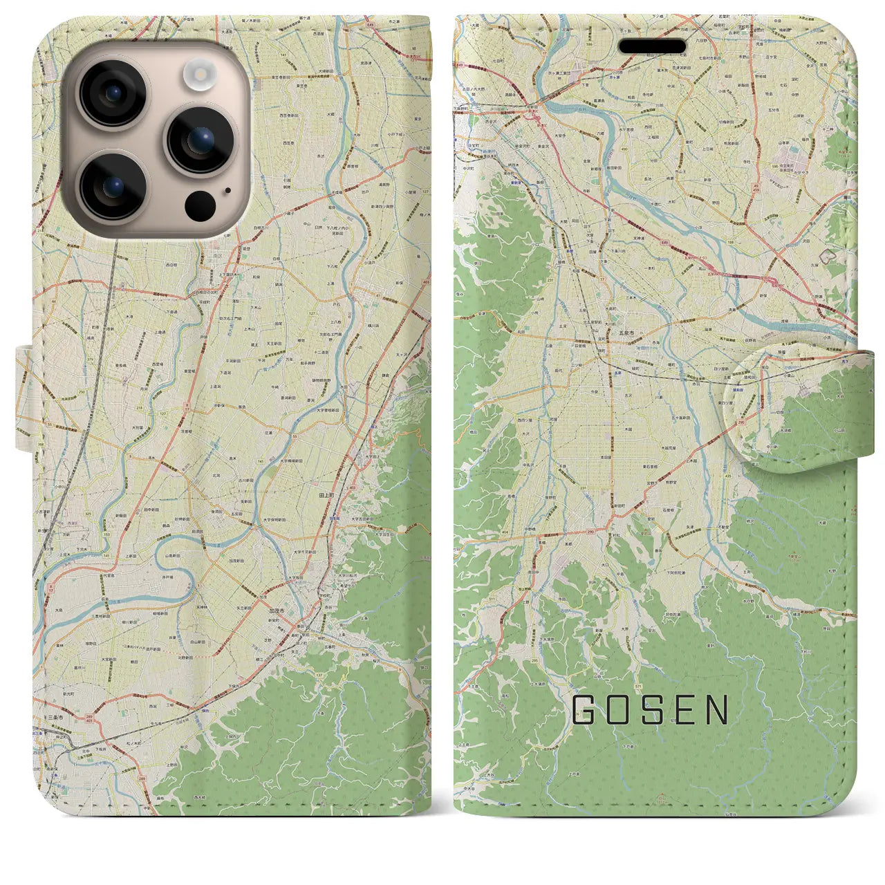 【五泉（新潟県）】地図柄iPhoneケース（手帳タイプ）ナチュラル・iPhone 16 Plus 用