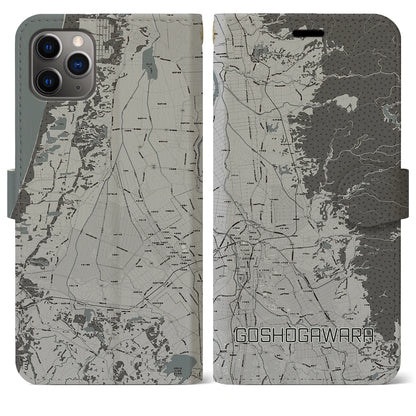 【五所川原（青森県）】地図柄iPhoneケース（手帳タイプ）モノトーン・iPhone 11 Pro Max 用