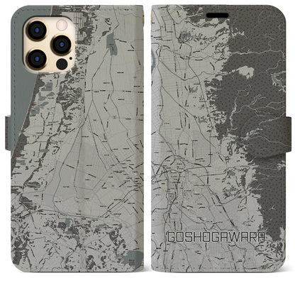 【五所川原（青森県）】地図柄iPhoneケース（手帳タイプ）モノトーン・iPhone 12 Pro Max 用