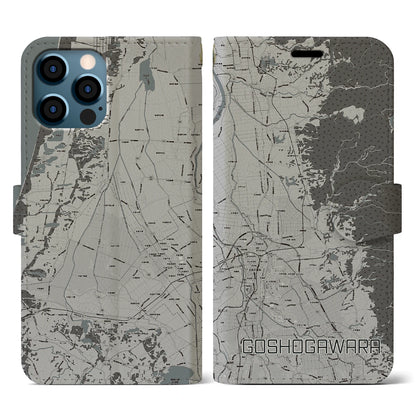 【五所川原（青森県）】地図柄iPhoneケース（手帳タイプ）モノトーン・iPhone 12 / 12 Pro 用