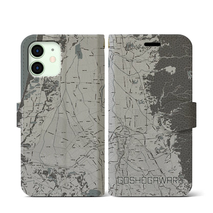 【五所川原（青森県）】地図柄iPhoneケース（手帳タイプ）モノトーン・iPhone 12 mini 用
