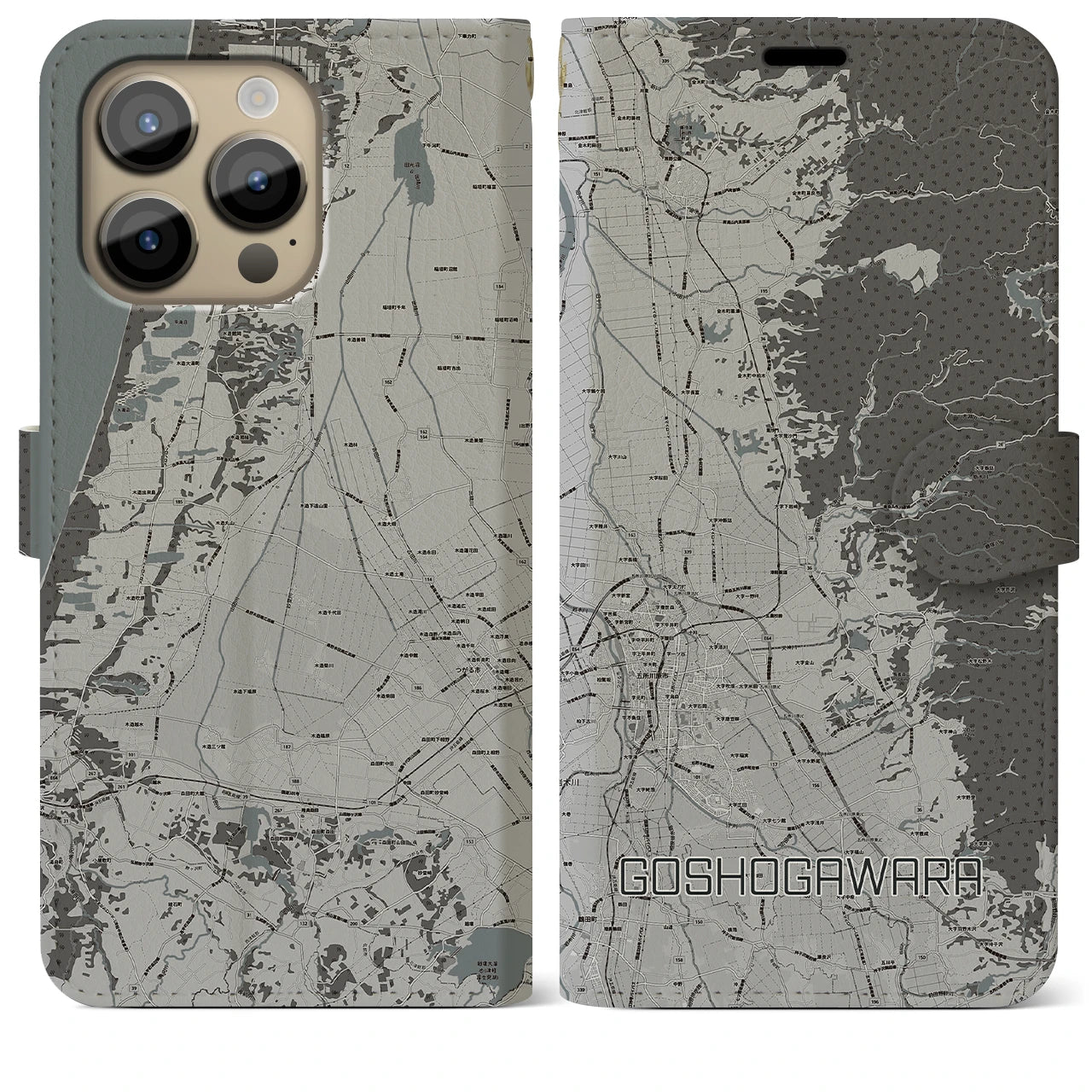 【五所川原】地図柄iPhoneケース（手帳両面タイプ・モノトーン）iPhone 14 Pro Max 用