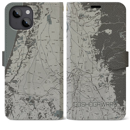 【五所川原（青森県）】地図柄iPhoneケース（手帳タイプ）モノトーン・iPhone 14 Plus 用