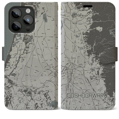 【五所川原（青森県）】地図柄iPhoneケース（手帳タイプ）モノトーン・iPhone 15 Pro Max 用