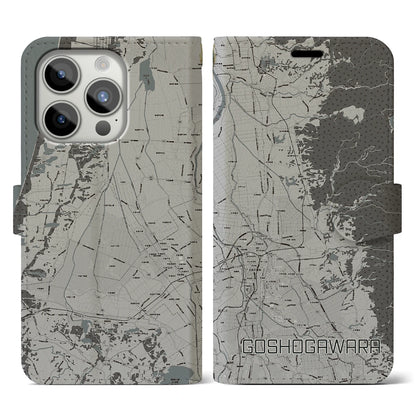 【五所川原（青森県）】地図柄iPhoneケース（手帳タイプ）モノトーン・iPhone 15 Pro 用