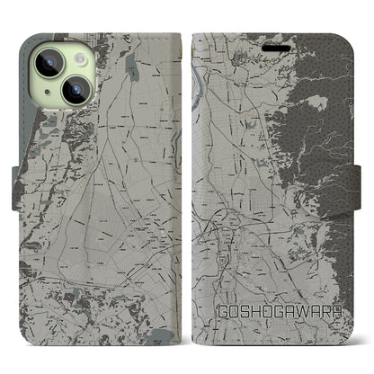 【五所川原（青森県）】地図柄iPhoneケース（手帳タイプ）モノトーン・iPhone 15 用