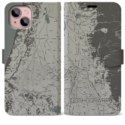 【五所川原（青森県）】地図柄iPhoneケース（手帳タイプ）モノトーン・iPhone 15 Plus 用