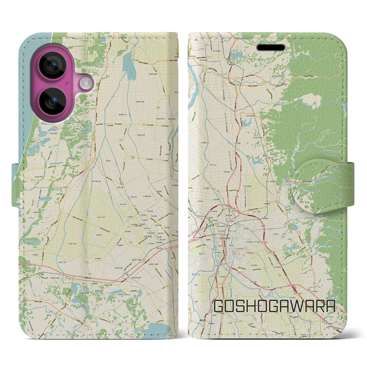 【五所川原（青森県）】地図柄iPhoneケース（手帳タイプ）ナチュラル・iPhone 16 Pro 用