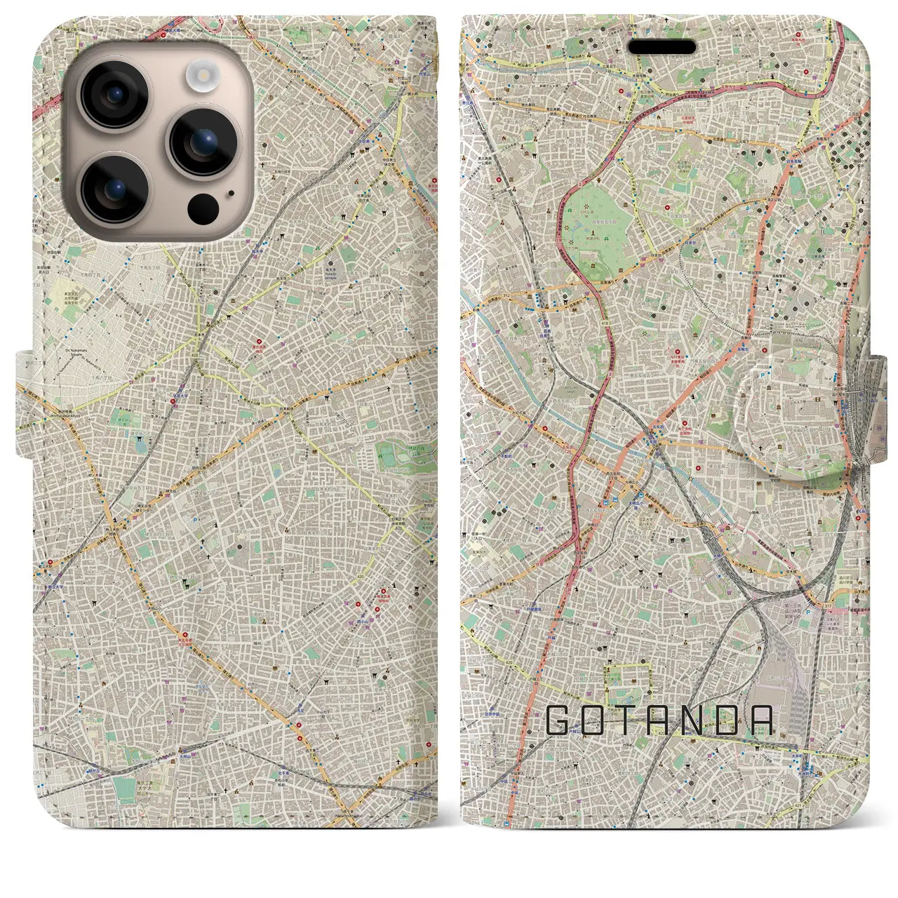 【五反田（東京都）】地図柄iPhoneケース（手帳タイプ）ナチュラル・iPhone 16 Plus 用