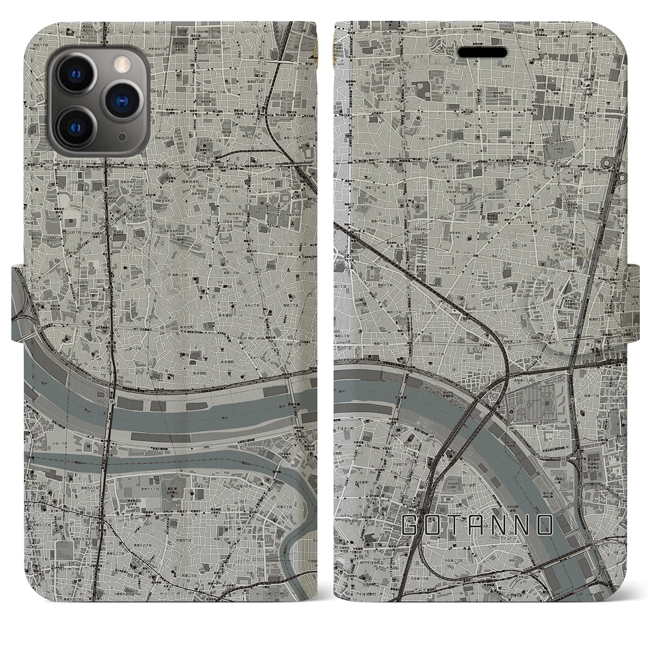 【五反野】地図柄iPhoneケース（手帳両面タイプ・モノトーン）iPhone 11 Pro Max 用