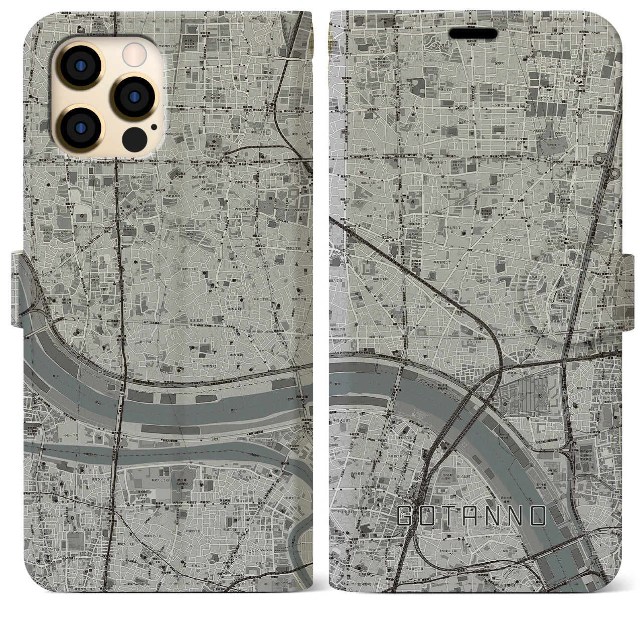 【五反野】地図柄iPhoneケース（手帳両面タイプ・モノトーン）iPhone 12 Pro Max 用