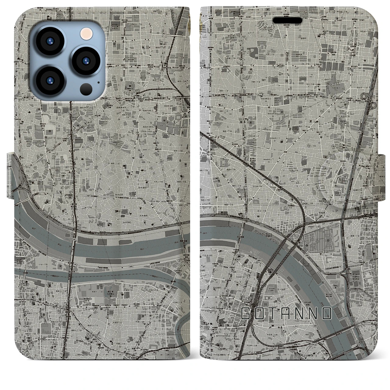 【五反野】地図柄iPhoneケース（手帳両面タイプ・モノトーン）iPhone 13 Pro Max 用