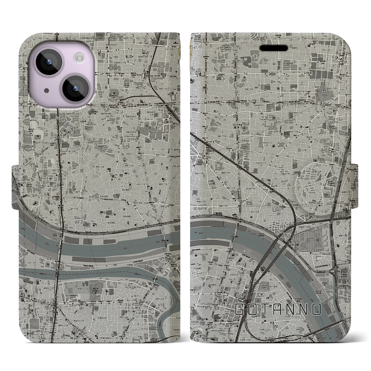 【五反野】地図柄iPhoneケース（手帳両面タイプ・モノトーン）iPhone 14 用