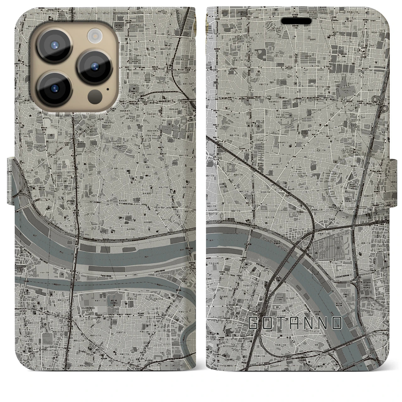 【五反野】地図柄iPhoneケース（手帳両面タイプ・モノトーン）iPhone 14 Pro Max 用