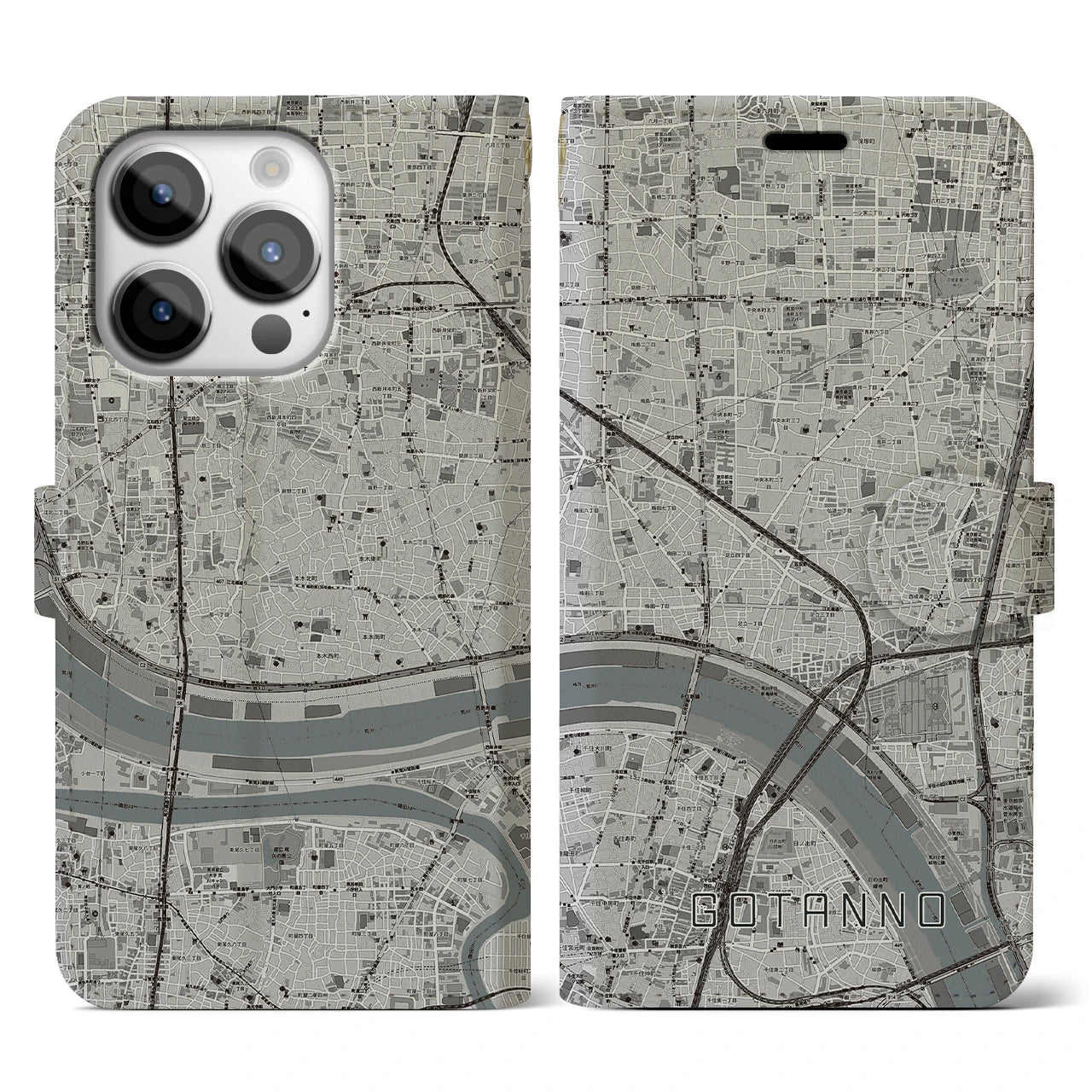 【五反野】地図柄iPhoneケース（手帳両面タイプ・モノトーン）iPhone 14 Pro 用