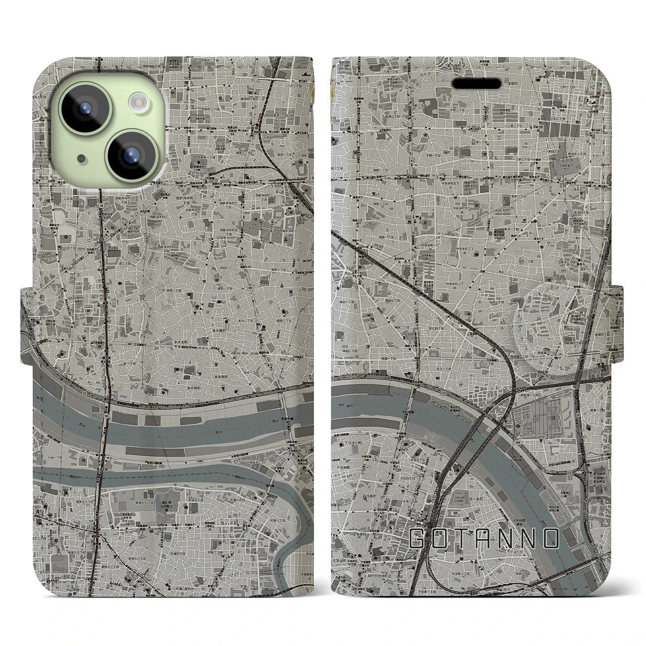 【五反野】地図柄iPhoneケース（手帳両面タイプ・モノトーン）iPhone 15 用