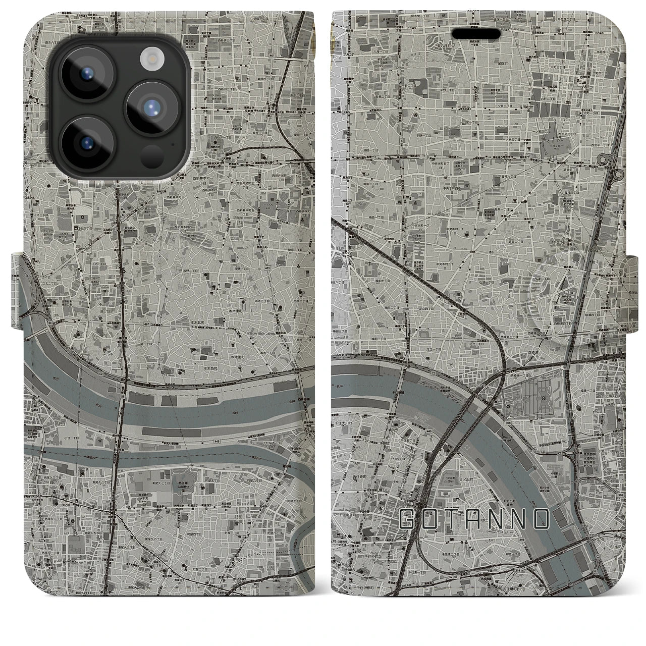 【五反野】地図柄iPhoneケース（手帳両面タイプ・モノトーン）iPhone 15 Pro Max 用