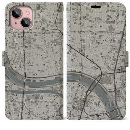 【五反野（東京都）】地図柄iPhoneケース（手帳タイプ）モノトーン・iPhone 15 Plus 用