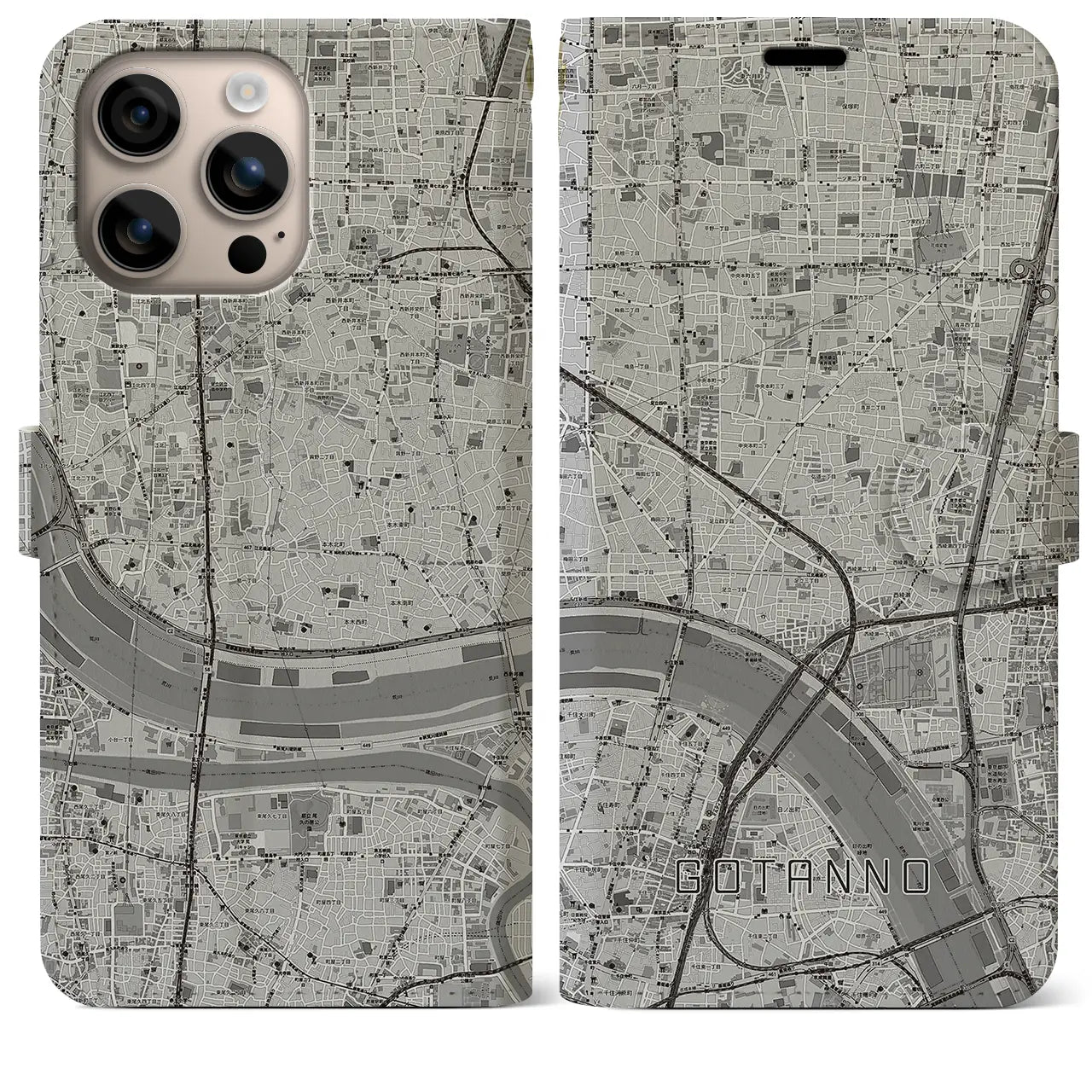 【五反野（東京都）】地図柄iPhoneケース（手帳タイプ）モノトーン・iPhone 16 Plus 用