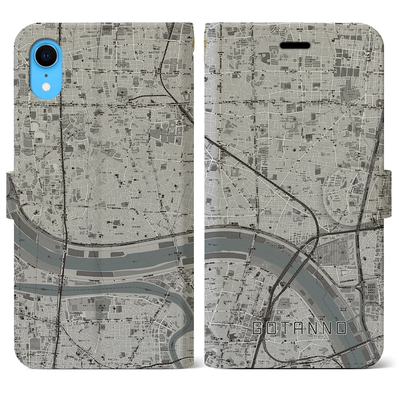 【五反野】地図柄iPhoneケース（手帳両面タイプ・モノトーン）iPhone XR 用