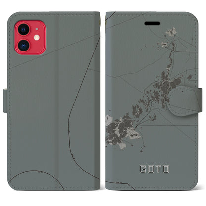 【五島（長崎県）】地図柄iPhoneケース（手帳タイプ）モノトーン・iPhone 11 用