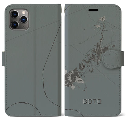 【五島（長崎県）】地図柄iPhoneケース（手帳タイプ）モノトーン・iPhone 11 Pro Max 用